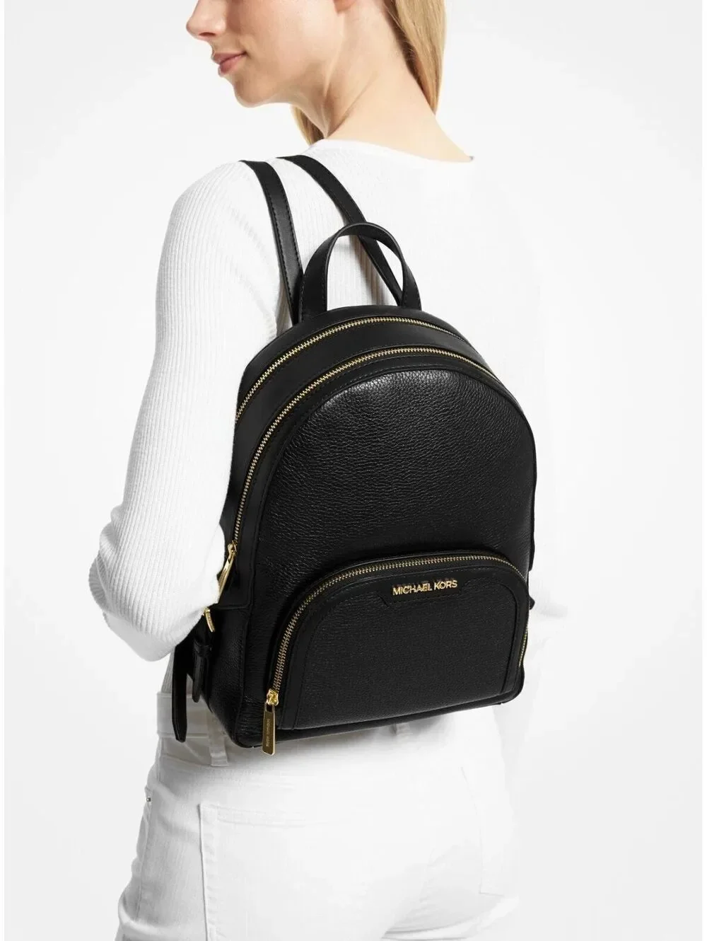 Michael Kors Black Jaycee Women's Zip Pocket Pebbled Leather Medium  Backpack